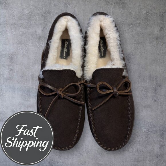 $110 EDDIE BAUER REAL SHEARLING/SUEDE SLIP ON LOAFER SLIPPERS MENS SIZE 10 - Picture 1 of 8